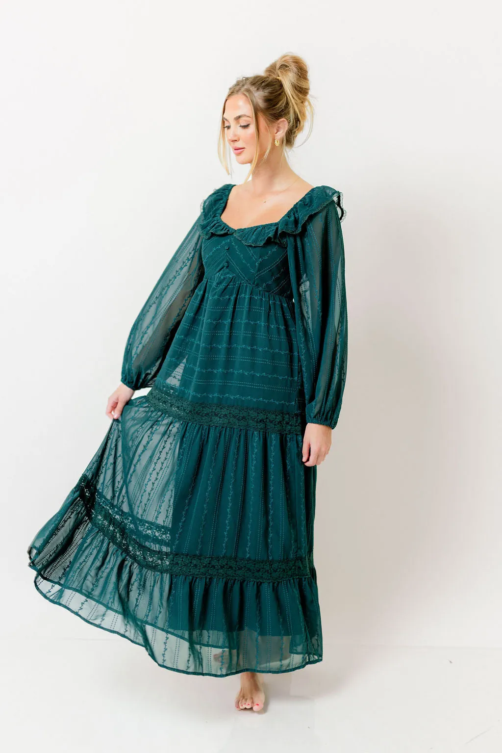 Sabrina Ruffle Trim Tiered Maxi Dress in Deep Green sold by Worth Collective product image thumbnail 3