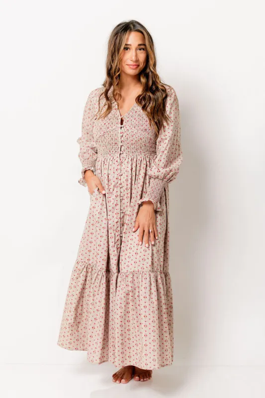 Mercy Cotton Smocked Floral Button Down Maxi Dress in Sepia sold by Worth Collective