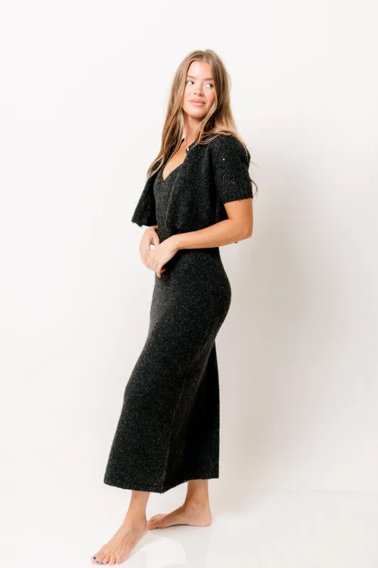Meli Sweater Dress with Cropped Short Sleeve Cardigan in Charcoal sold by Worth Collective