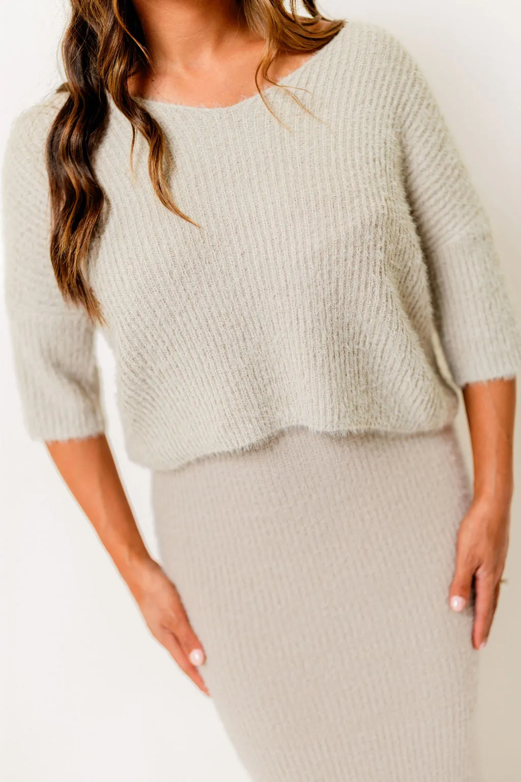 Clarissa Fuzzy Top and Midi Skirt Set in Stone sold by Worth Collective product image thumbnail 3