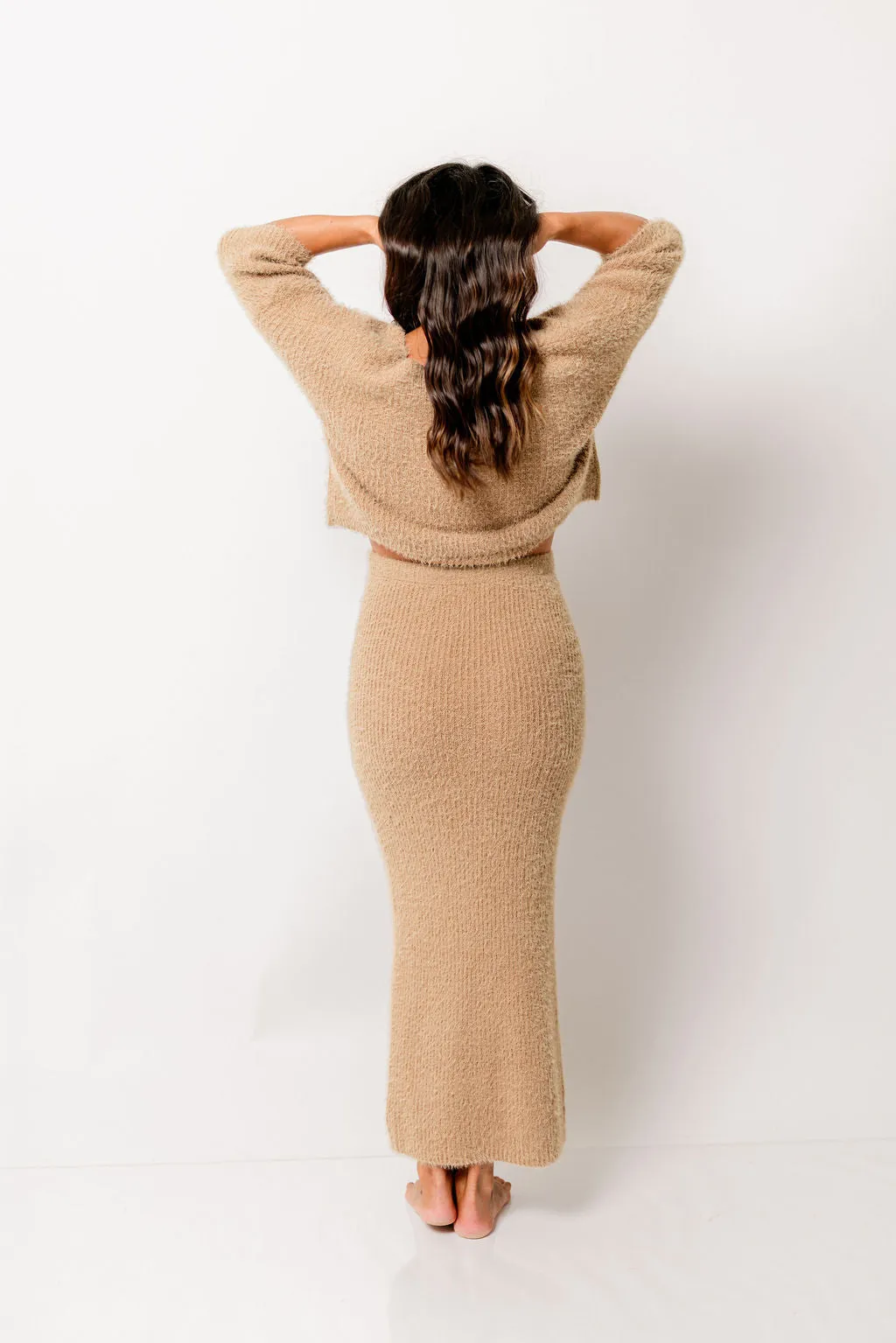 Clarissa Fuzzy Top and Midi Skirt Set in Camel sold by Worth Collective product image thumbnail 4