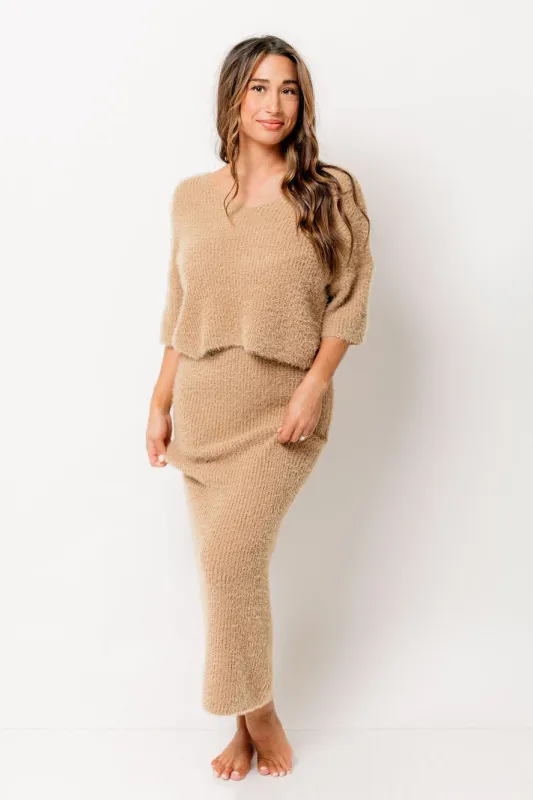 Clarissa Fuzzy Top and Midi Skirt Set in Camel sold by Worth Collective