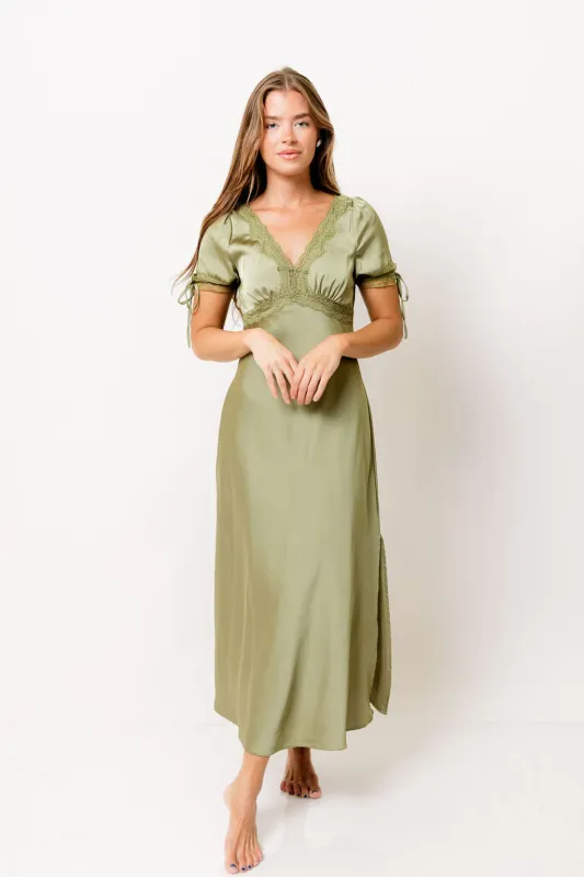 Lori Dull Satin Plunging Midi Dress in Creamy Sage sold by Worth Collective