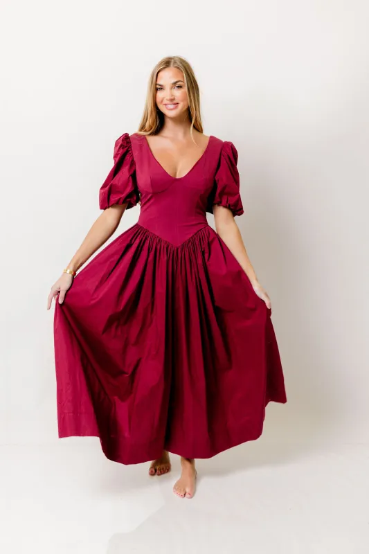 Lyla Midi Dress in Burgundy sold by Worth Collective