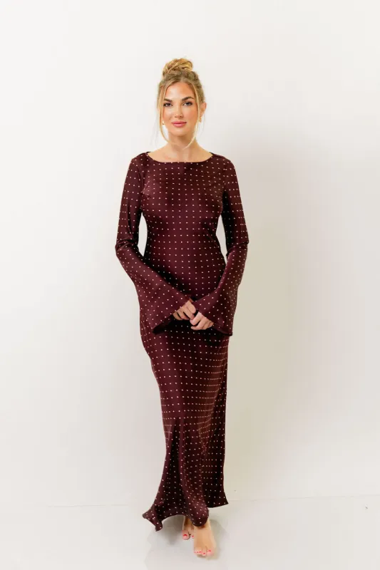 Georgie Polka Dot Maxi Dress in Burgundy sold by Worth Collective