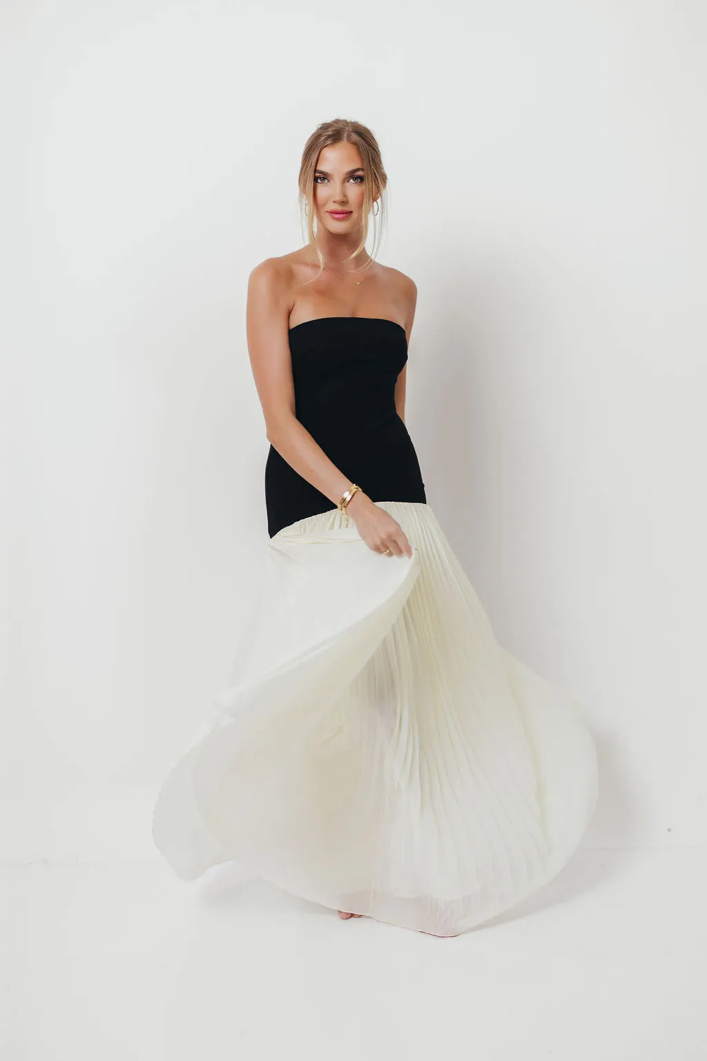 Litzy Strapless Fit Bodice Pleated Skirt Mix Maxi Dress in Cream sold by Worth Collective product image thumbnail 3