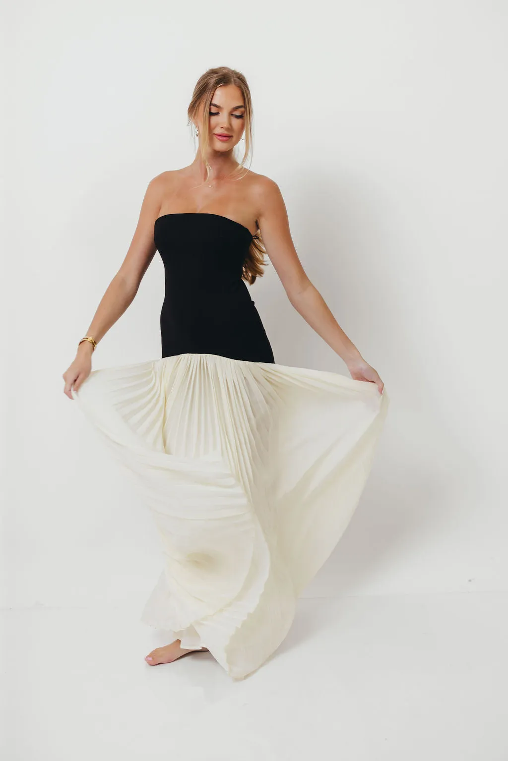 Litzy Strapless Fit Bodice Pleated Skirt Mix Maxi Dress in Cream sold by Worth Collective product image thumbnail 4
