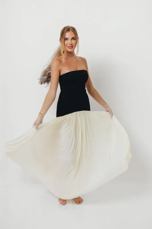 Litzy Strapless Fit Bodice Pleated Skirt Mix Maxi Dress in Cream sold by Worth Collective