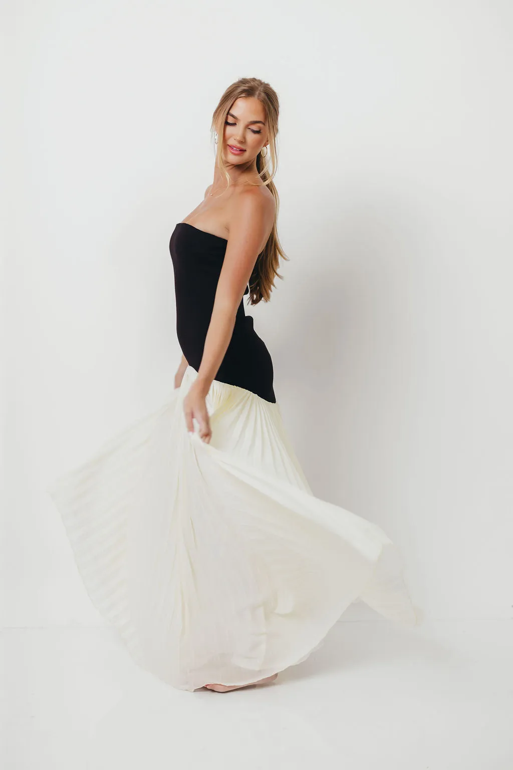 Litzy Strapless Fit Bodice Pleated Skirt Mix Maxi Dress in Cream sold by Worth Collective product image thumbnail 5