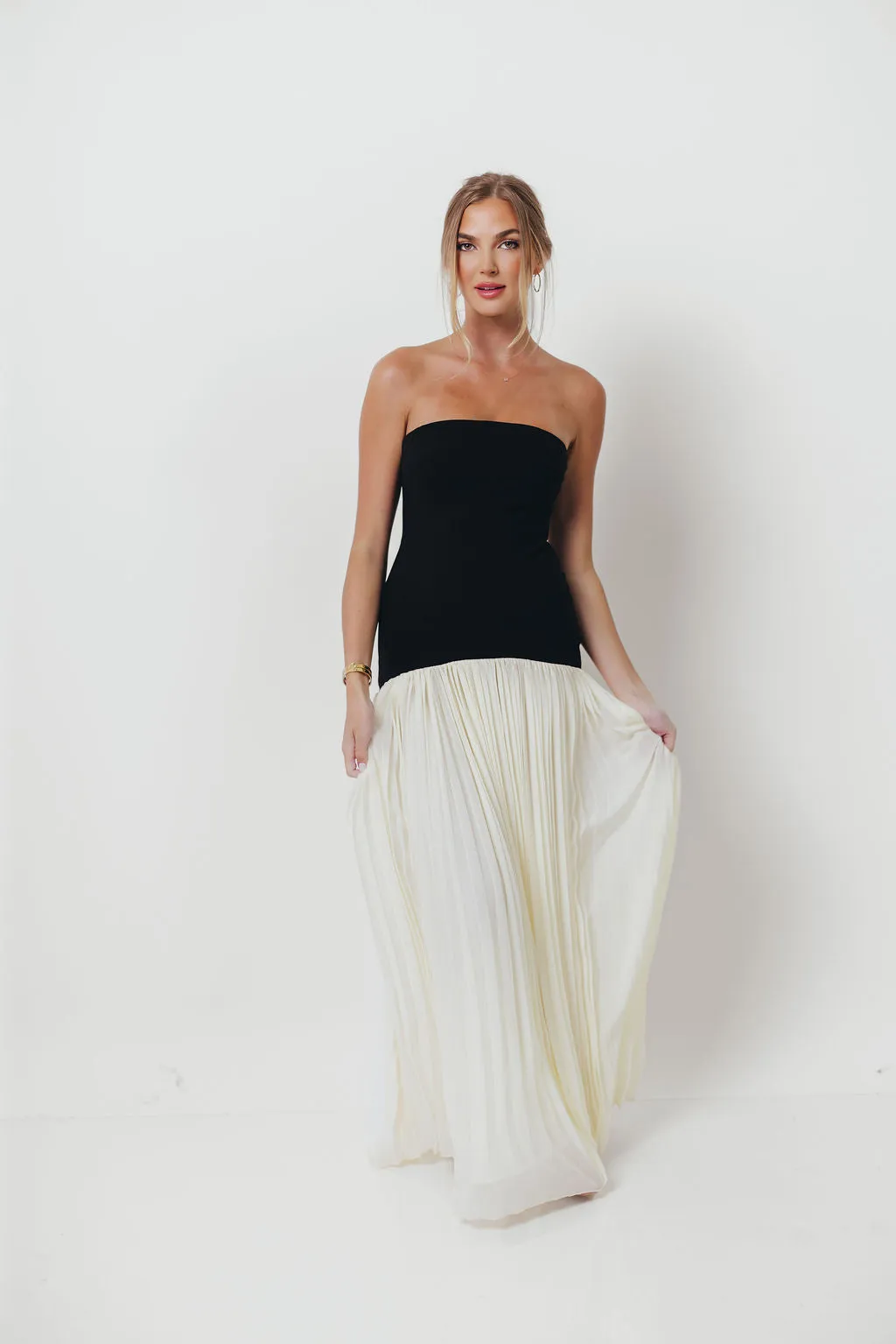 Litzy Strapless Fit Bodice Pleated Skirt Mix Maxi Dress in Cream sold by Worth Collective product image thumbnail 2