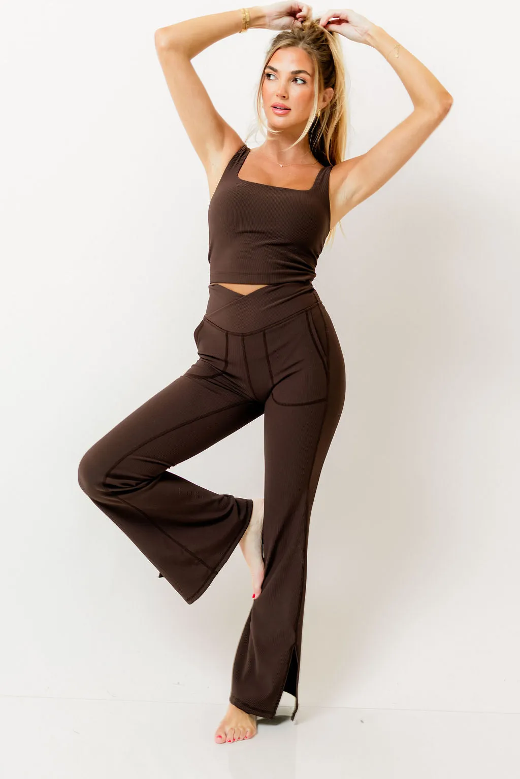 Mina Ribbed Crossover Waist Flared Leggings in Espresso sold by Worth Collective product image thumbnail 5