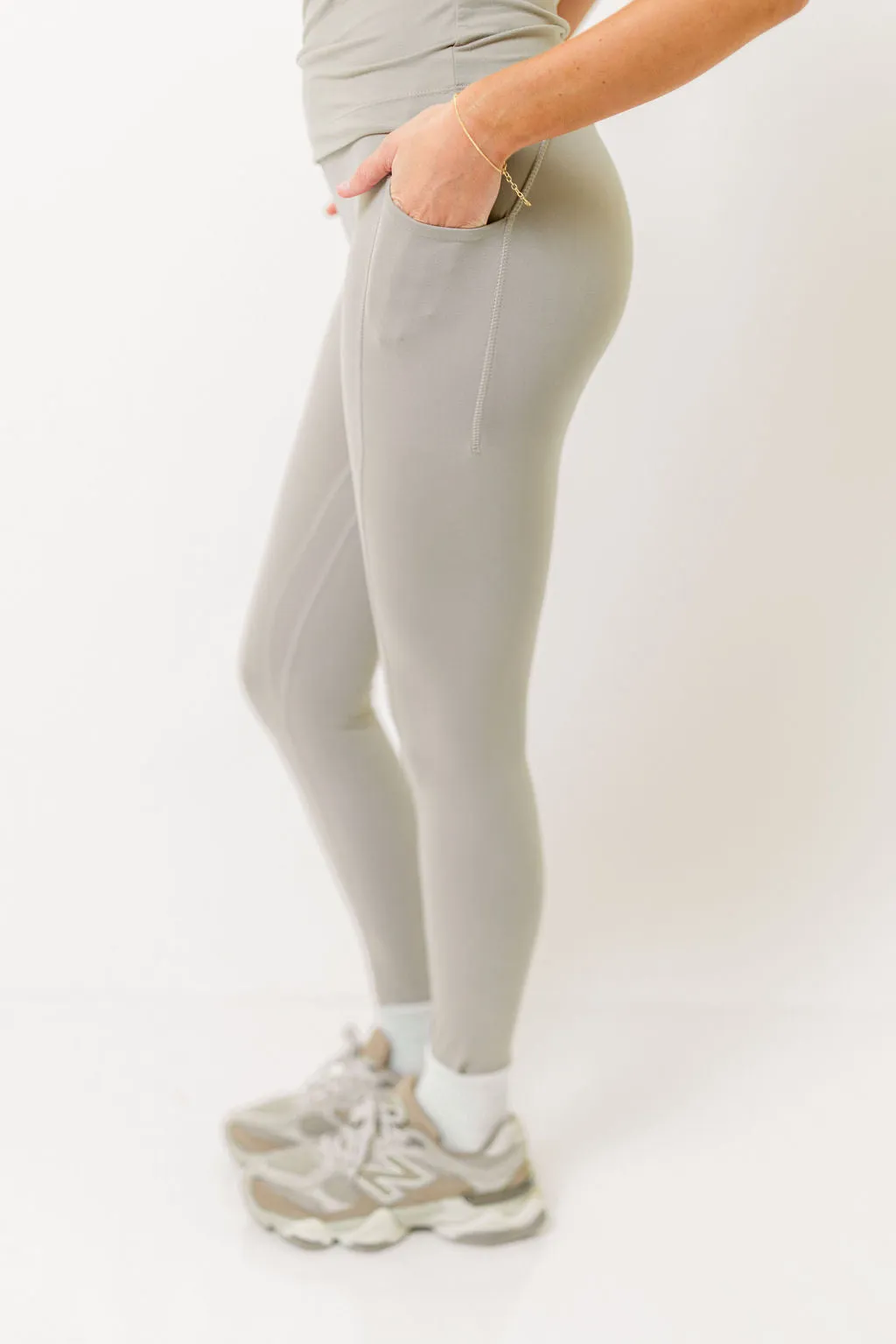 Taz Butter Soft Yoga Pants with Side Pockets in Stone Taupe sold by Worth Collective product image thumbnail 3