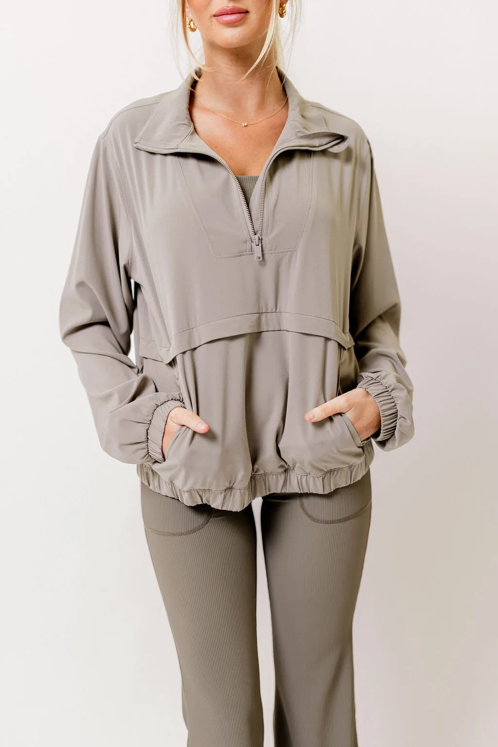 Atlas Crinkle Woven Quarter Zip Active Jacket in Stone Taupe *Final Sale* sold by Worth Collective