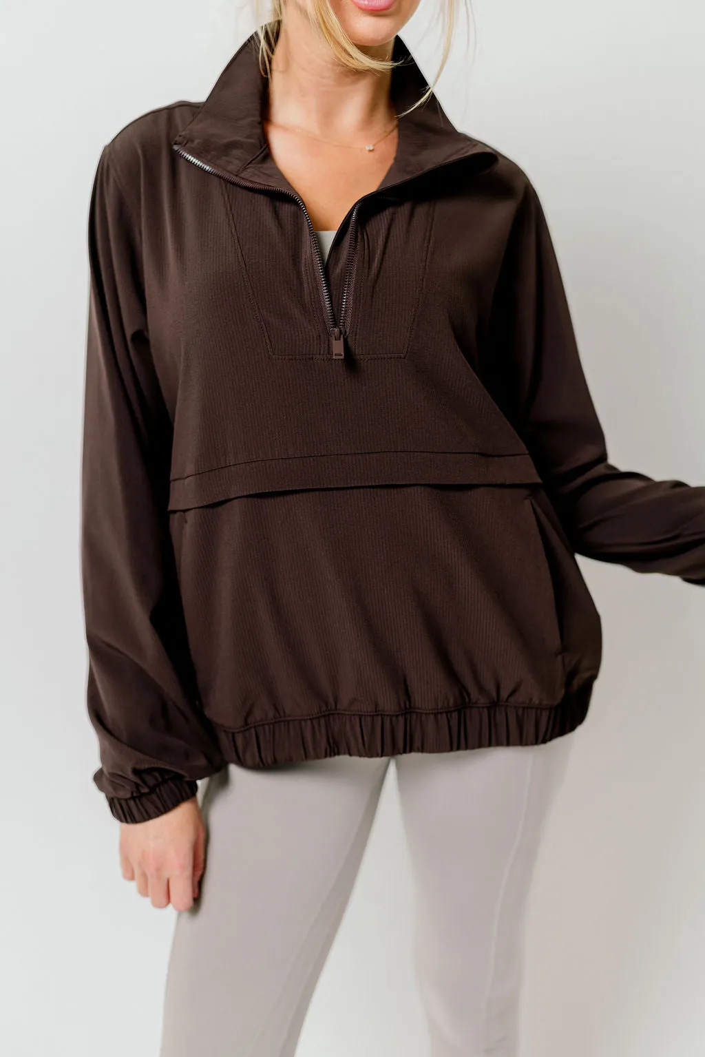 Atlas Crinkle Woven Quarter Zip Active Jacket in Espresso *Final Sale* sold by Worth Collective