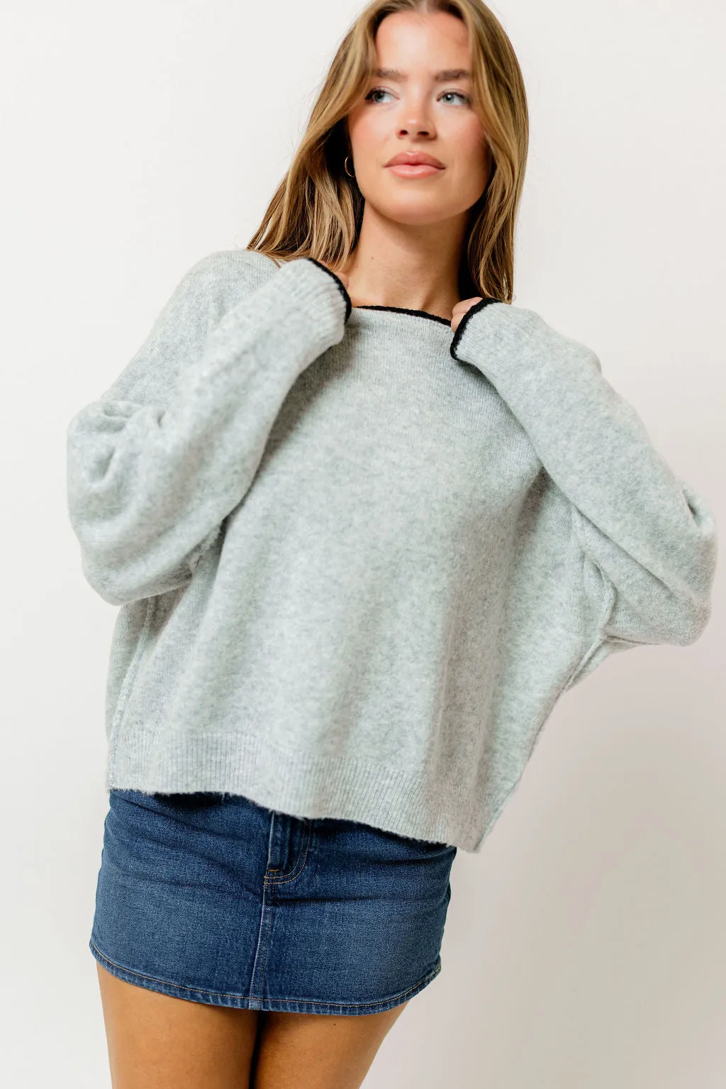 Meredith Relaxed Fuzzy Knit Sweater in Gray sold by Worth Collective