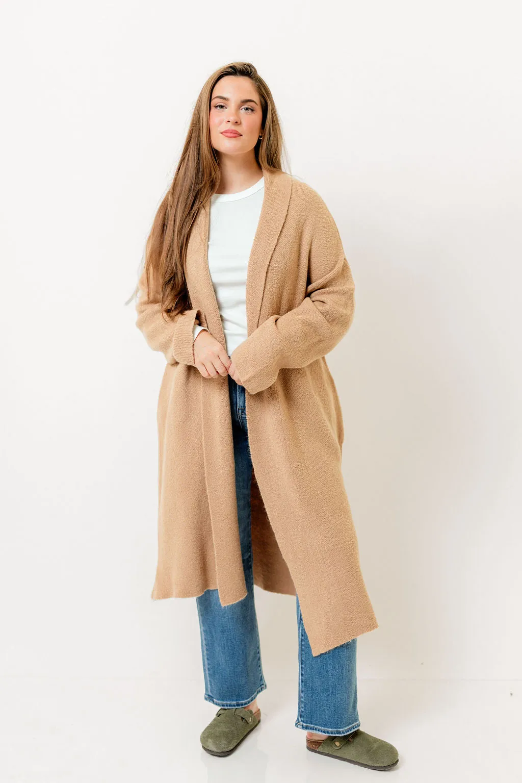 Misha Longline Open Front Duster Sweater in Dark Taupe sold by Worth Collective