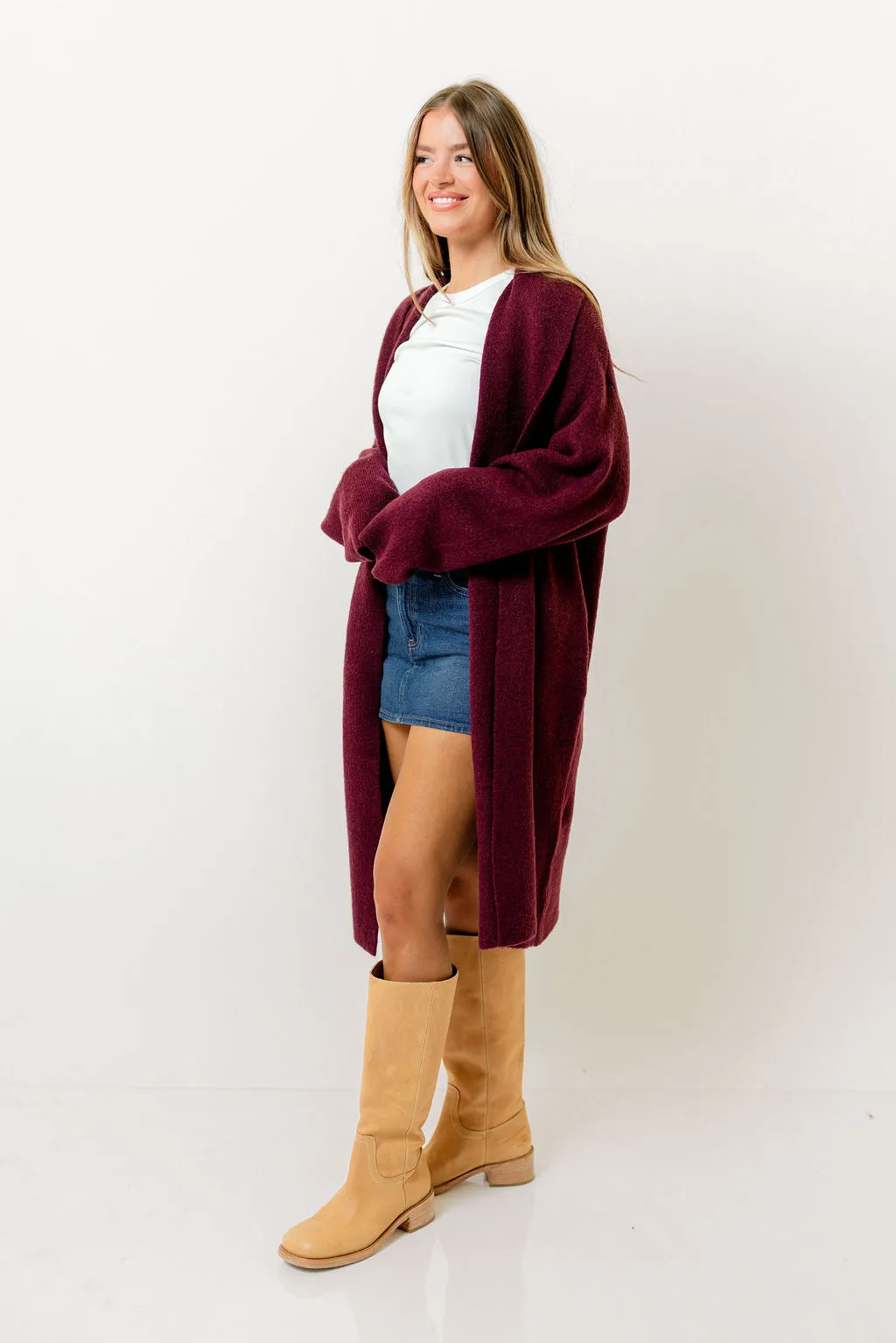 Misha Longline Open Front Duster Sweater in Dark Cherry sold by Worth Collective