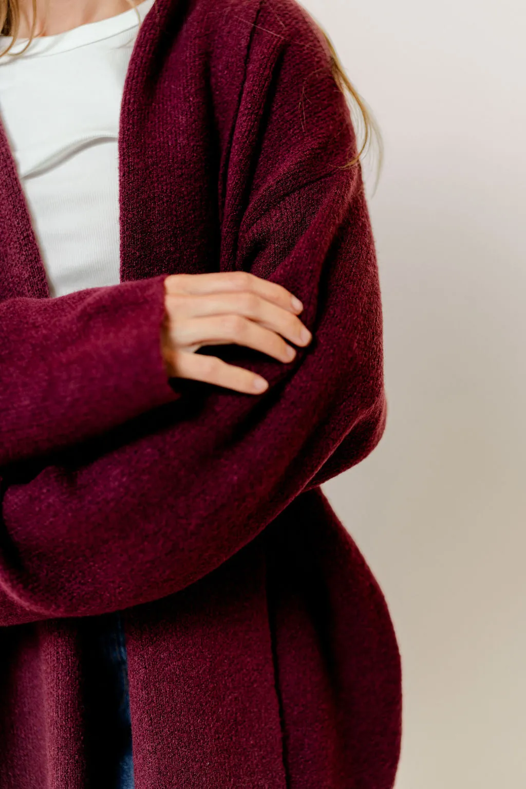 Misha Longline Open Front Duster Sweater in Dark Cherry sold by Worth Collective product image thumbnail 5