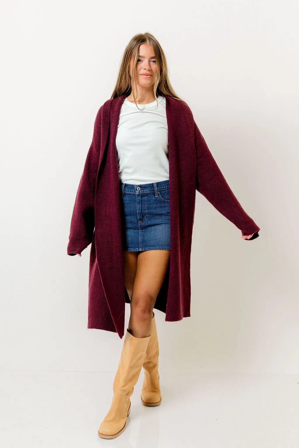 Misha Longline Open Front Duster Sweater in Dark Cherry sold by Worth Collective product image thumbnail 2
