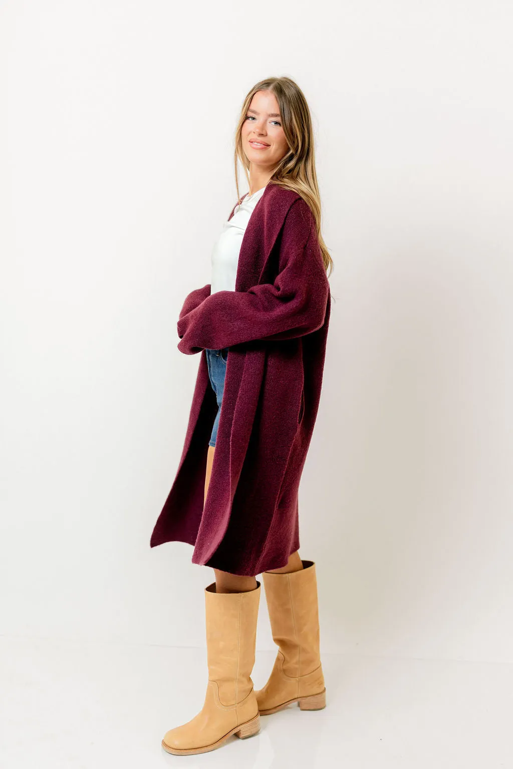 Misha Longline Open Front Duster Sweater in Dark Cherry sold by Worth Collective product image thumbnail 3