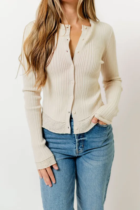 Marni Lace Hem Rib Knit Cardigan Top in Light Taupe sold by Worth Collective