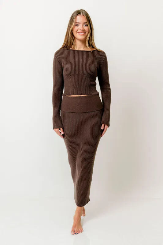 Anais Ribbed Knit Top with Maxi Skirt Set in Brown sold by Worth Collective