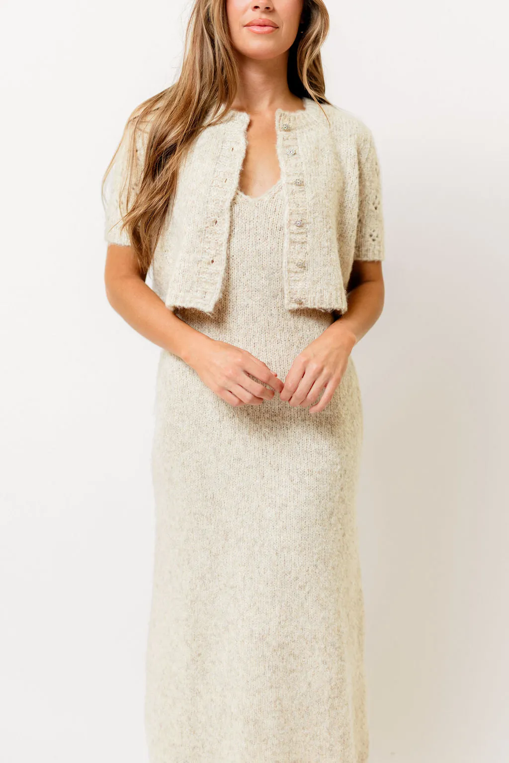 Meli Sweater Dress with Cropped Short Sleeve Cardigan in Oatmeal sold by Worth Collective product image thumbnail 2