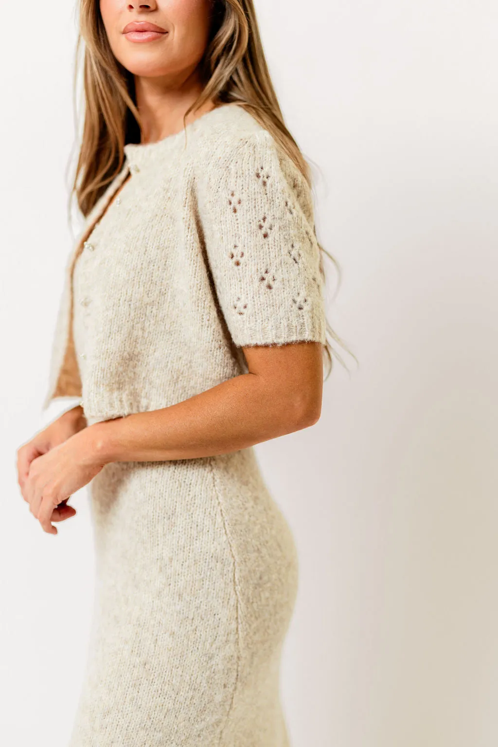 Meli Sweater Dress with Cropped Short Sleeve Cardigan in Oatmeal sold by Worth Collective product image thumbnail 4