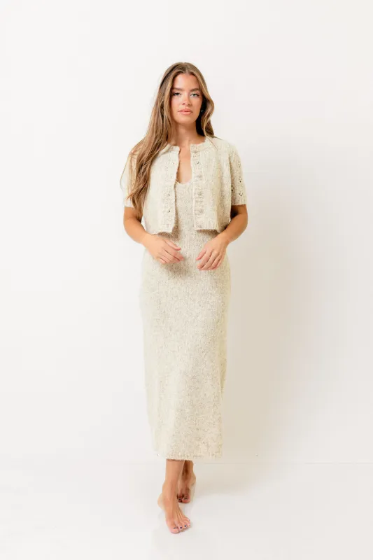 Meli Sweater Dress with Cropped Short Sleeve Cardigan in Oatmeal sold by Worth Collective