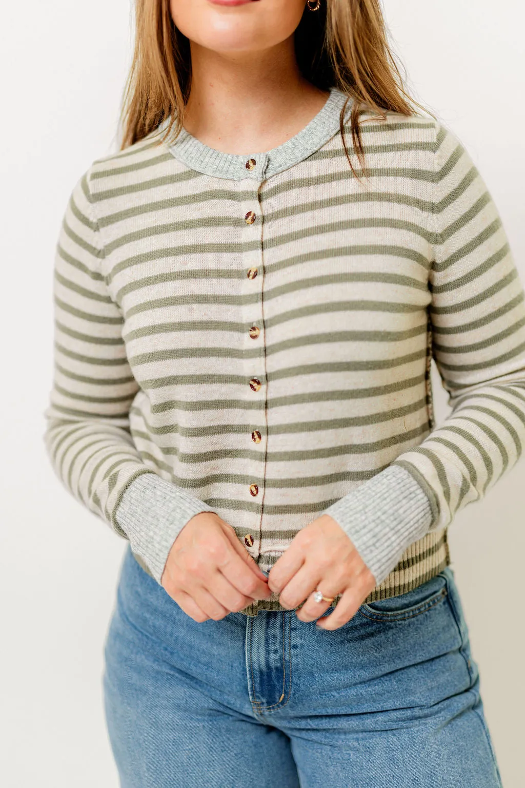 Rae Striped Cardigan Top in Olive/Oat/Grey sold by Worth Collective