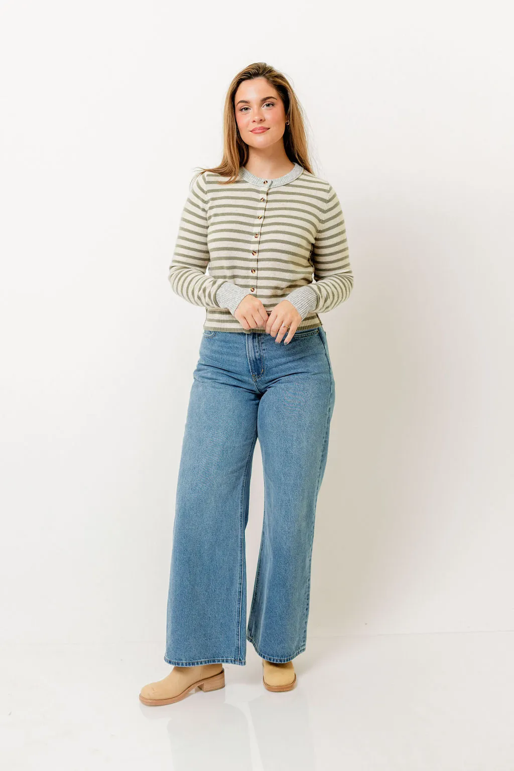 Rae Striped Cardigan Top in Olive/Oat/Grey sold by Worth Collective product image thumbnail 3