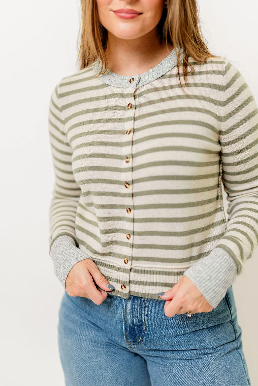 Rae Striped Cardigan Top in Olive/Oat/Grey sold by Worth Collective product image thumbnail 2