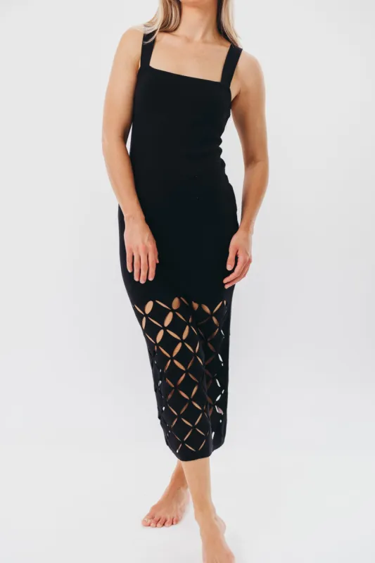 Sofia Knit Maxi Dress with Square Neckline and Cut-Out Detail in Black sold by Worth Collective