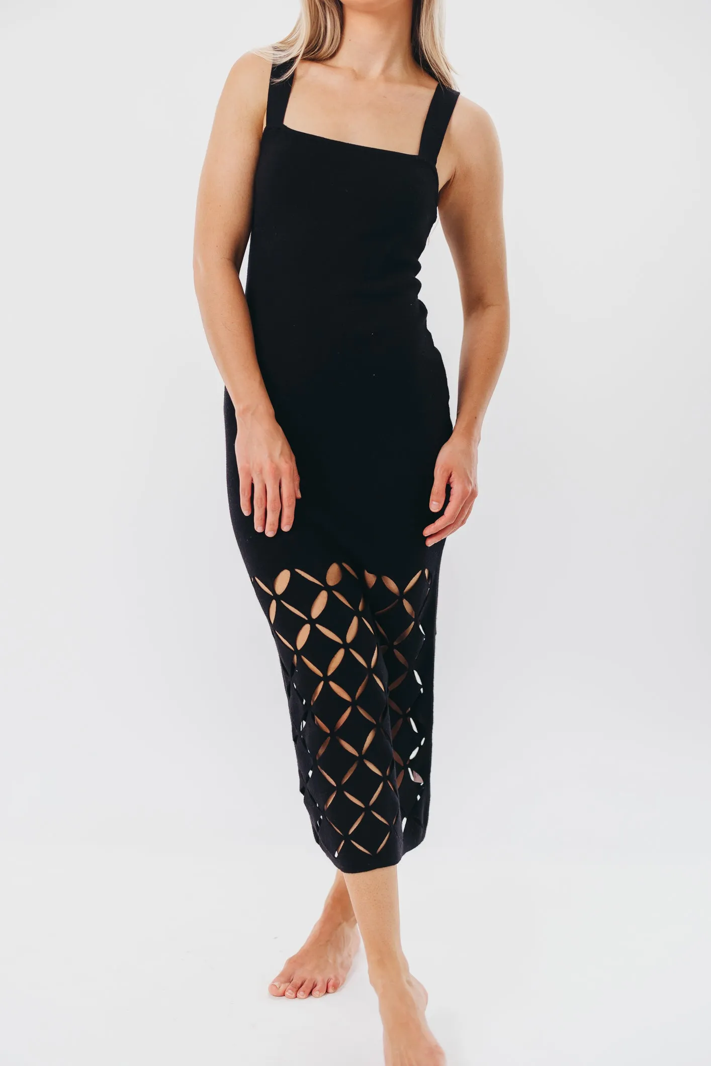 Sofia Knit Maxi Dress with Square Neckline and Cut-Out Detail in Black sold by Worth Collective