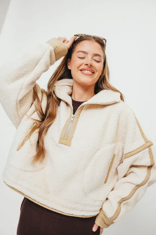 Sara Fleece Quarter Zip Pullover in Ecru sold by Worth Collective