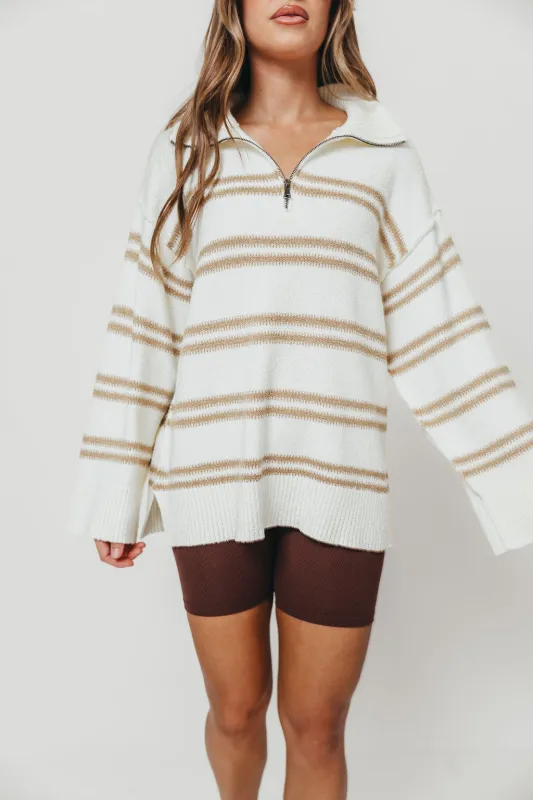 Jo Striped Knit Quarter-Zip Sweater in Cream made by Promesa