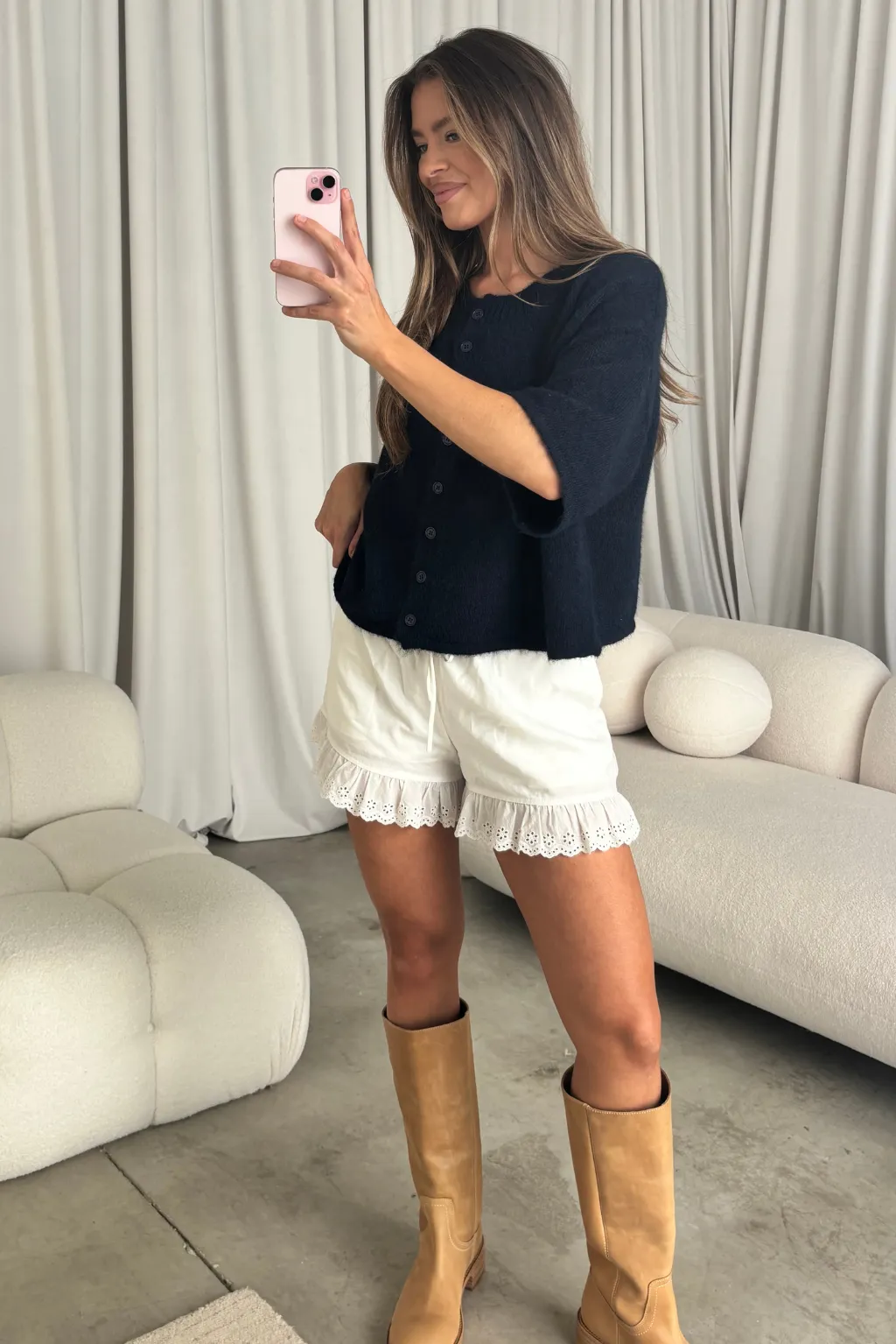 Chutney Button-Up Half Sleeve Knit Cardigan Top in Navy sold by Worth Collective