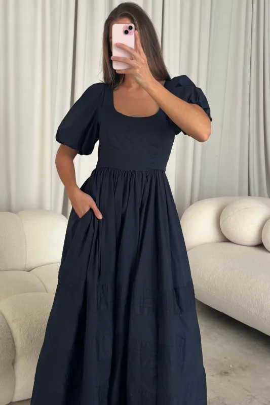 Abby 100% Cotton Midi Dress in Navy sold by Worth Collective