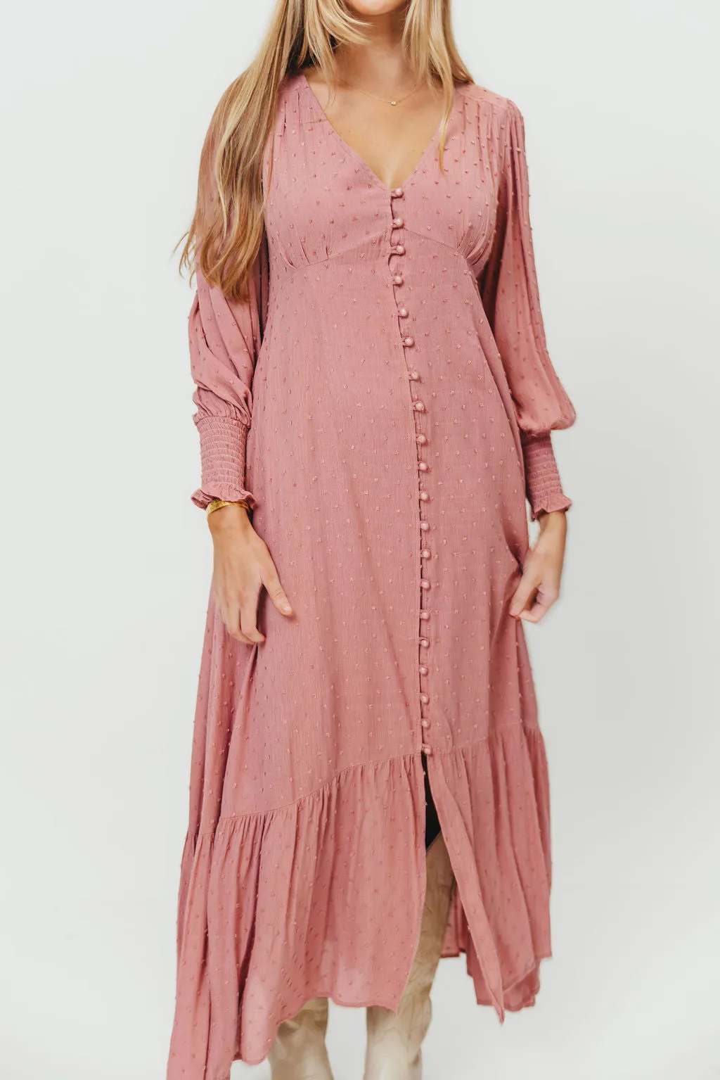Kathani Swiss Dot Button Down Maxi Dress in Rose Tea sold by Worth Collective product image thumbnail 3