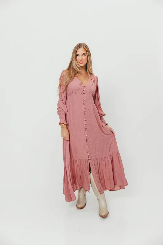 Kathani Swiss Dot Button Down Maxi Dress in Rose Tea sold by Worth Collective