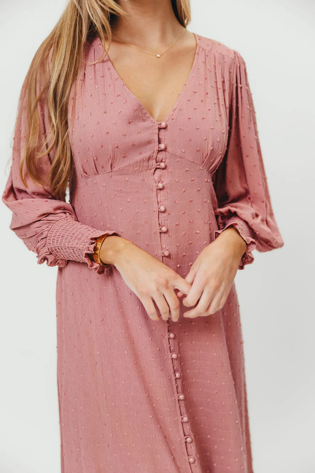 Kathani Swiss Dot Button Down Maxi Dress in Rose Tea sold by Worth Collective product image thumbnail 4