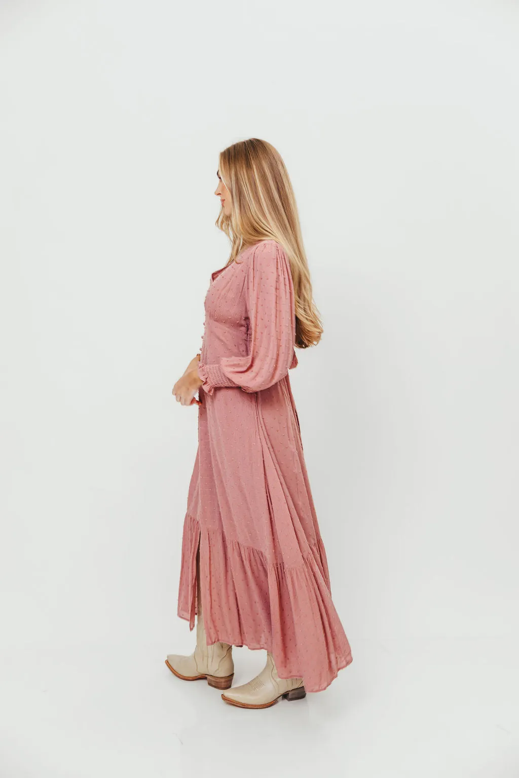 Kathani Swiss Dot Button Down Maxi Dress in Rose Tea sold by Worth Collective product image thumbnail 5