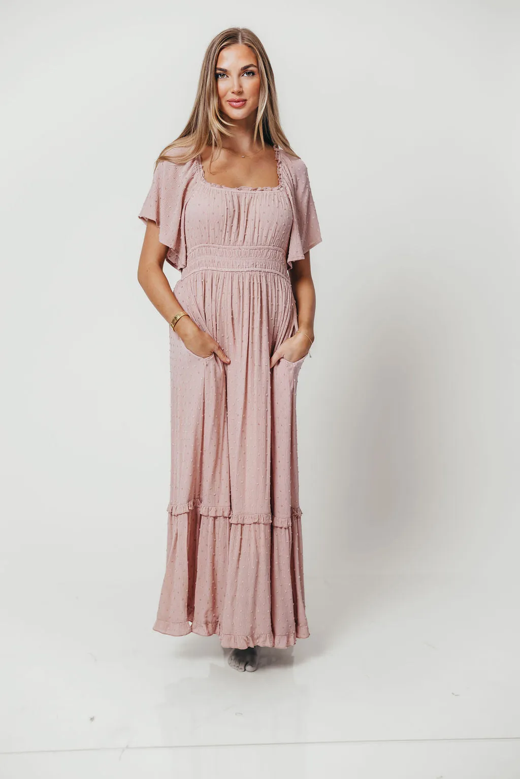 Sasha Swiss Dot Flutter Sleeve Maxi Dress in Tea Rose sold by Worth Collective product image thumbnail 3