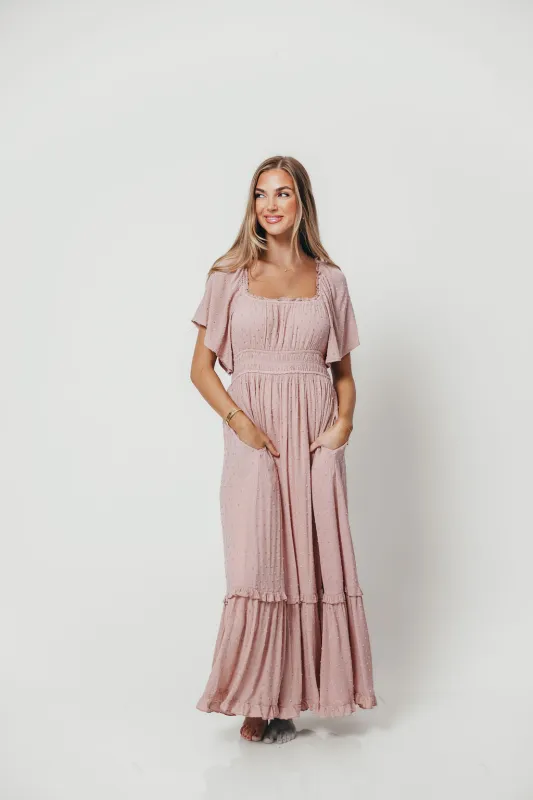 Sasha Swiss Dot Flutter Sleeve Maxi Dress in Tea Rose sold by Worth Collective