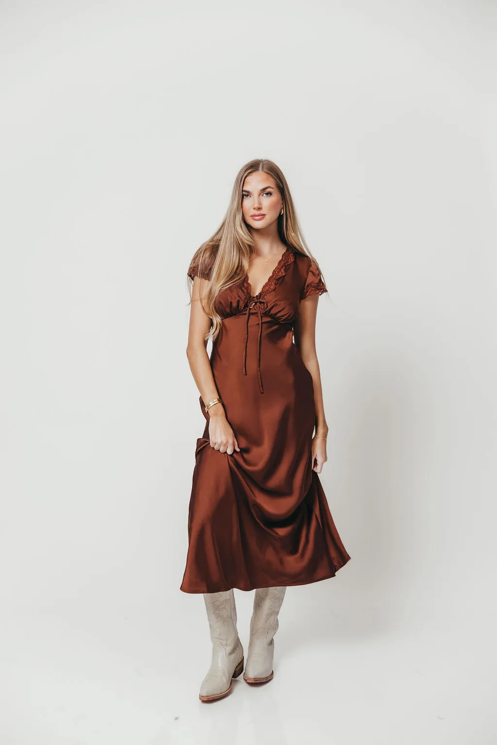 Vivienne Midi Dress in Brown sold by Worth Collective