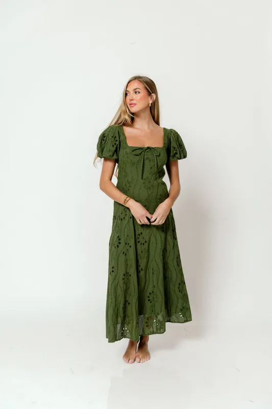 Georgia Embroidered Puff Sleeve Midi Dress in Olive sold by Worth Collective