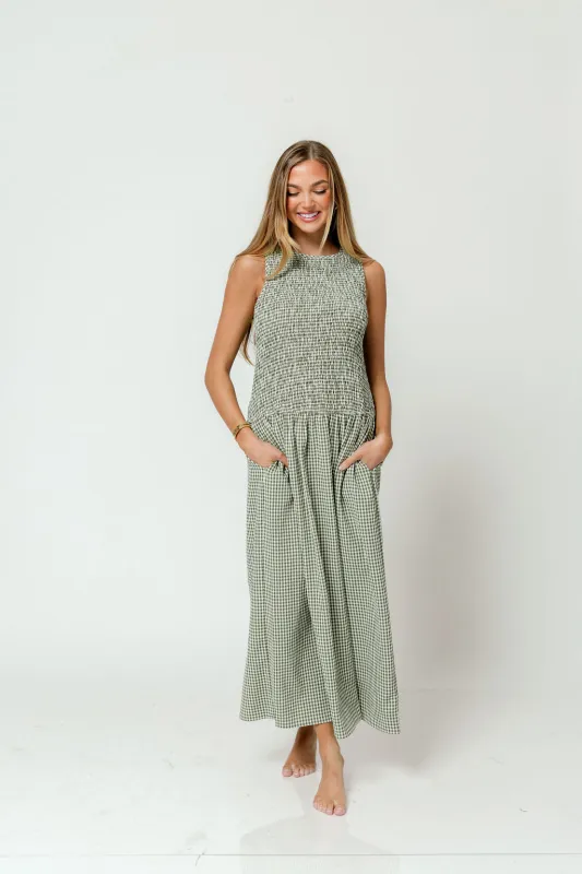 Cora Gingham Maxi Dress in Green sold by Worth Collective