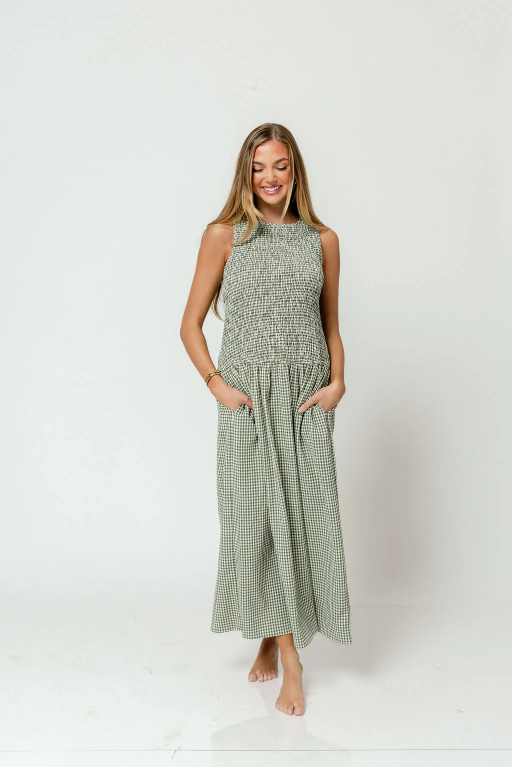 Cora Gingham Maxi Dress in Green sold by Worth Collective