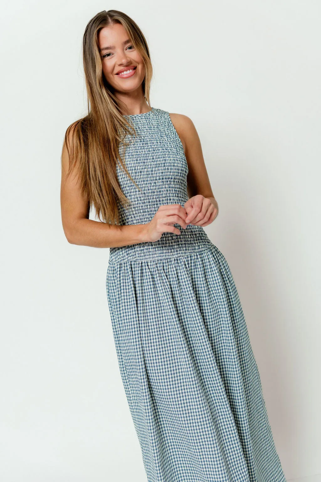 Cora Gingham Maxi Dress in Blue sold by Worth Collective product image thumbnail 5