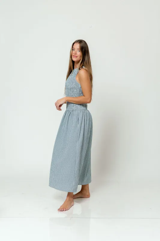 Cora Gingham Maxi Dress in Blue sold by Worth Collective